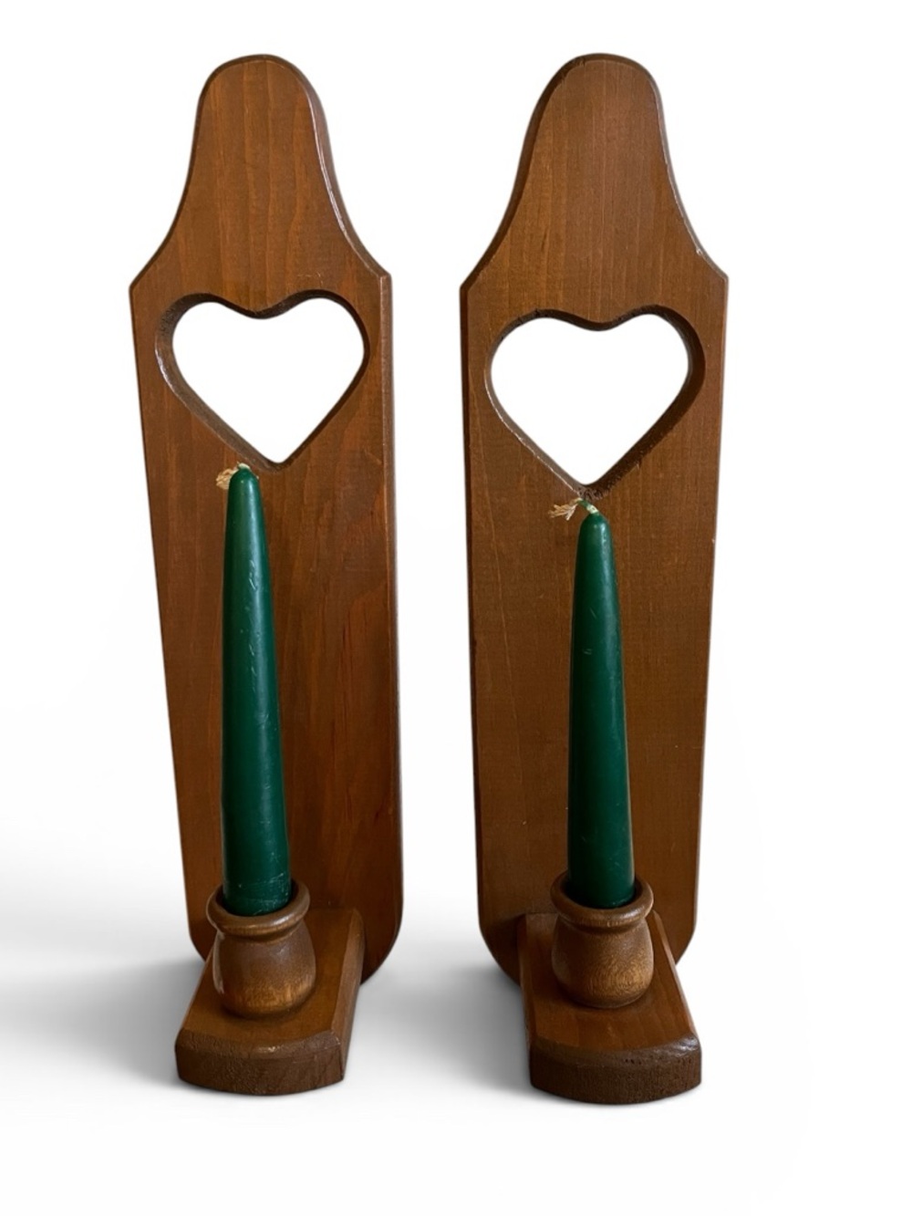 Vintage Wood Sconce With Heart Cutout Candle holder Green Candle 1 pair